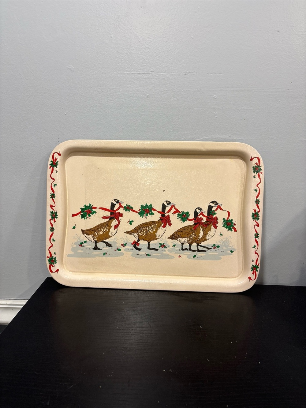 Festive Cream Goose Holiday Serving Tray  Red & Green Accents vintage 1985
